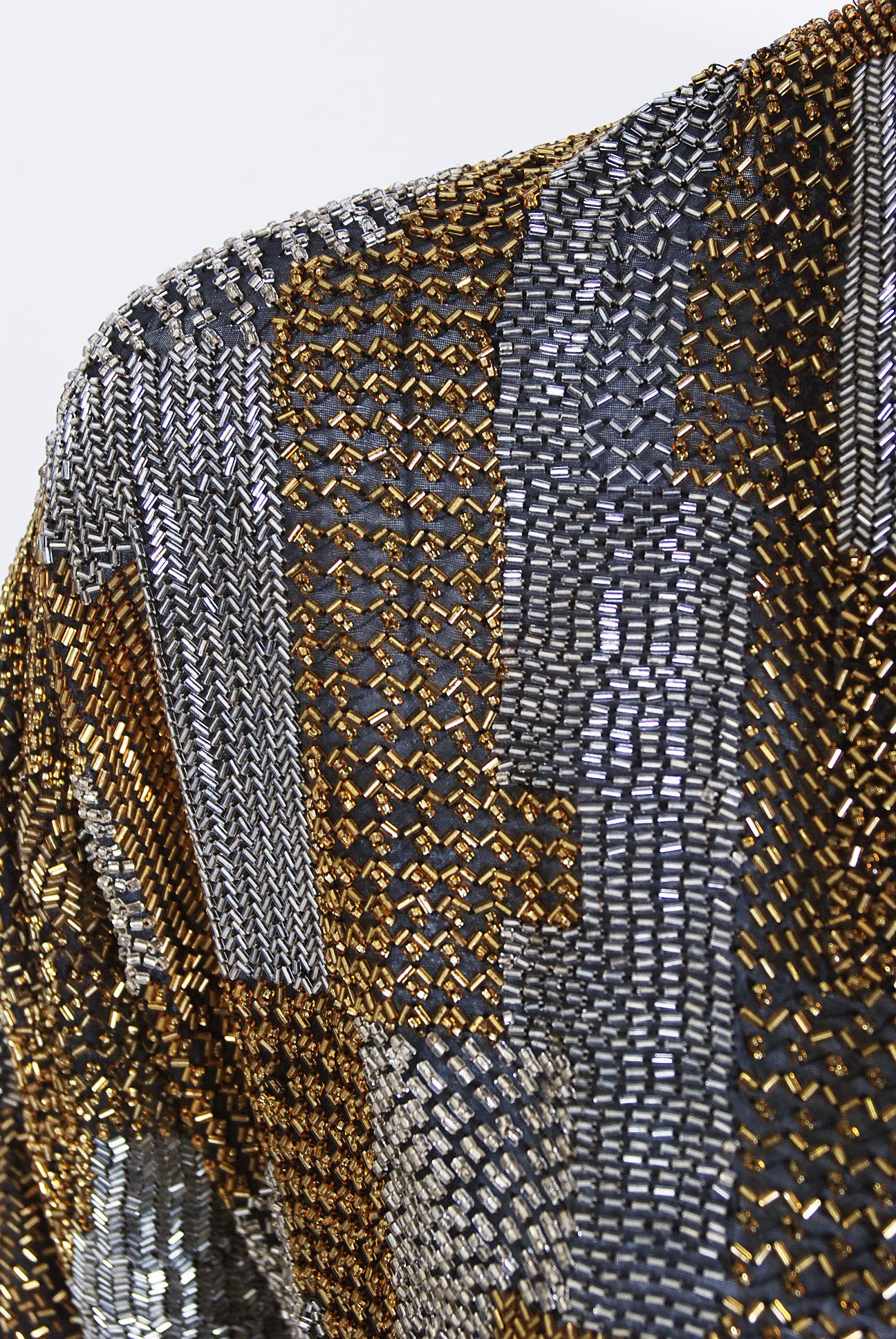 Vintage 1970s Halston Couture Gold and Silver Beaded Silk Wrap Disco Gown Jacket 5
