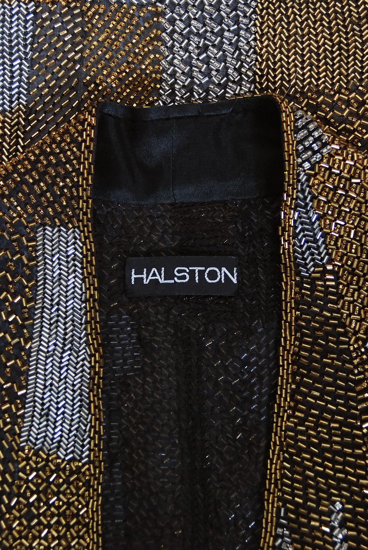Vintage 1970s Halston Couture Gold and Silver Beaded Silk Wrap Disco Gown Jacket 6
