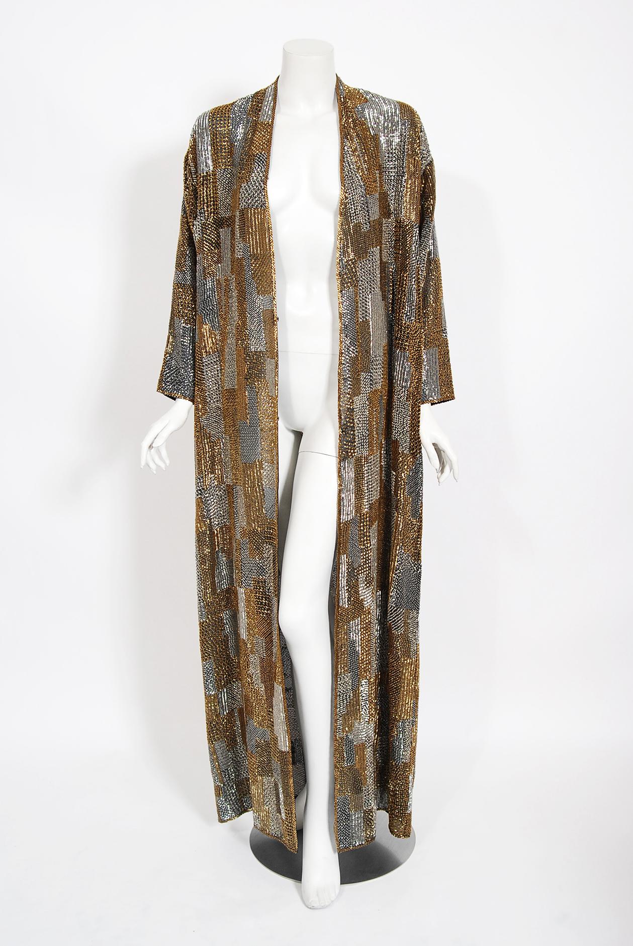 Vintage 1970s Halston Couture Gold and Silver Beaded Silk Wrap Disco Gown Jacket In Good Condition In Beverly Hills, CA