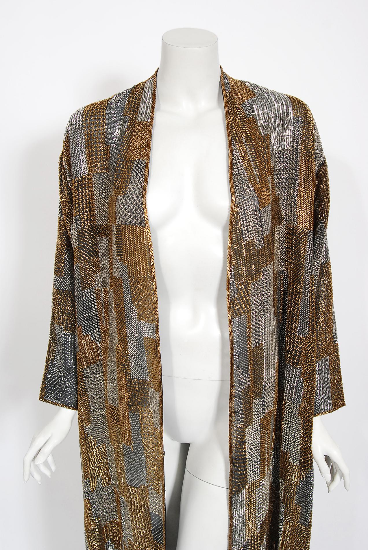 Women's Vintage 1970s Halston Couture Gold and Silver Beaded Silk Wrap Disco Gown Jacket