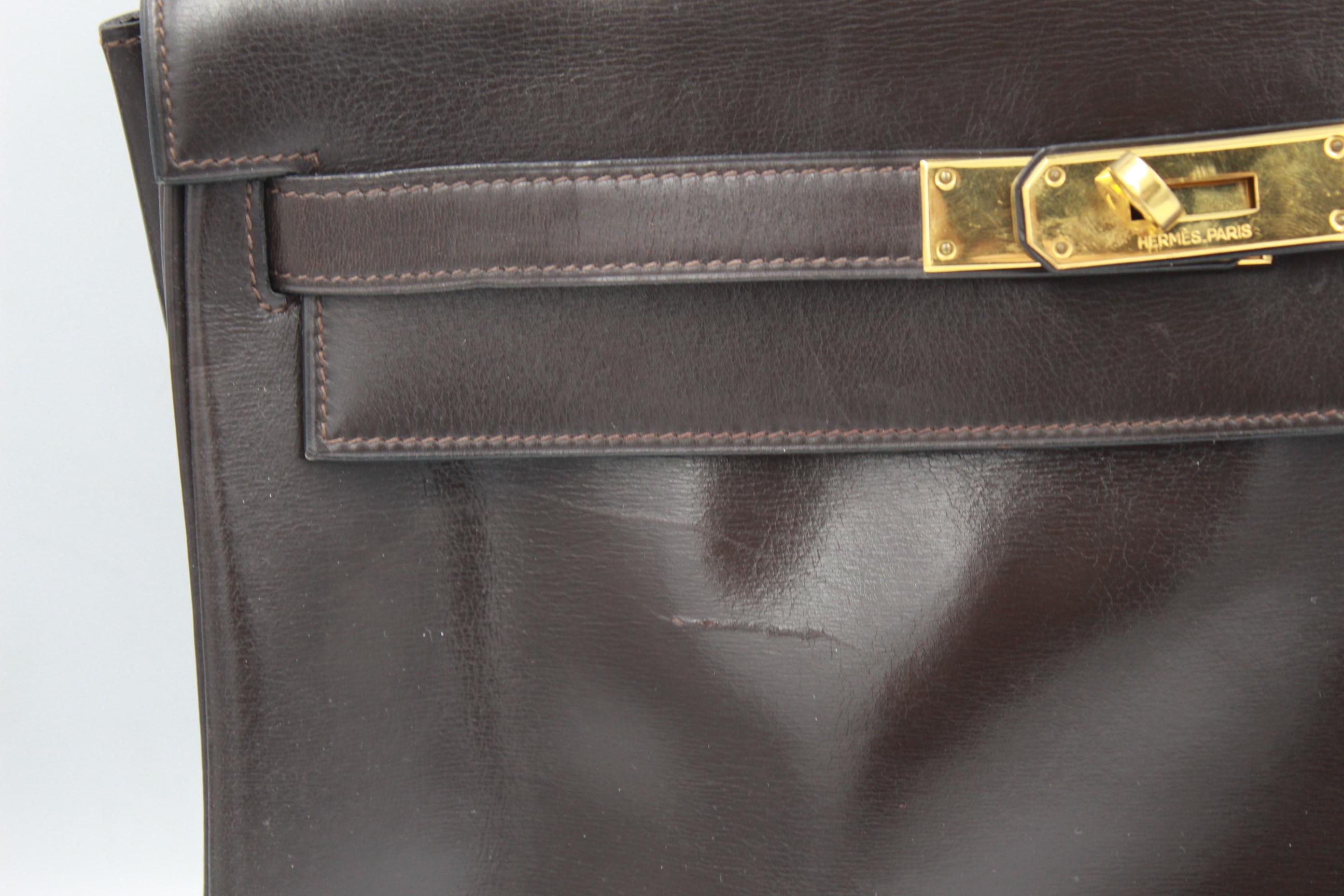 Black Vintage 1977 Hemes Kelly 32 Bag in Dark Brown Chocolate Box Leather