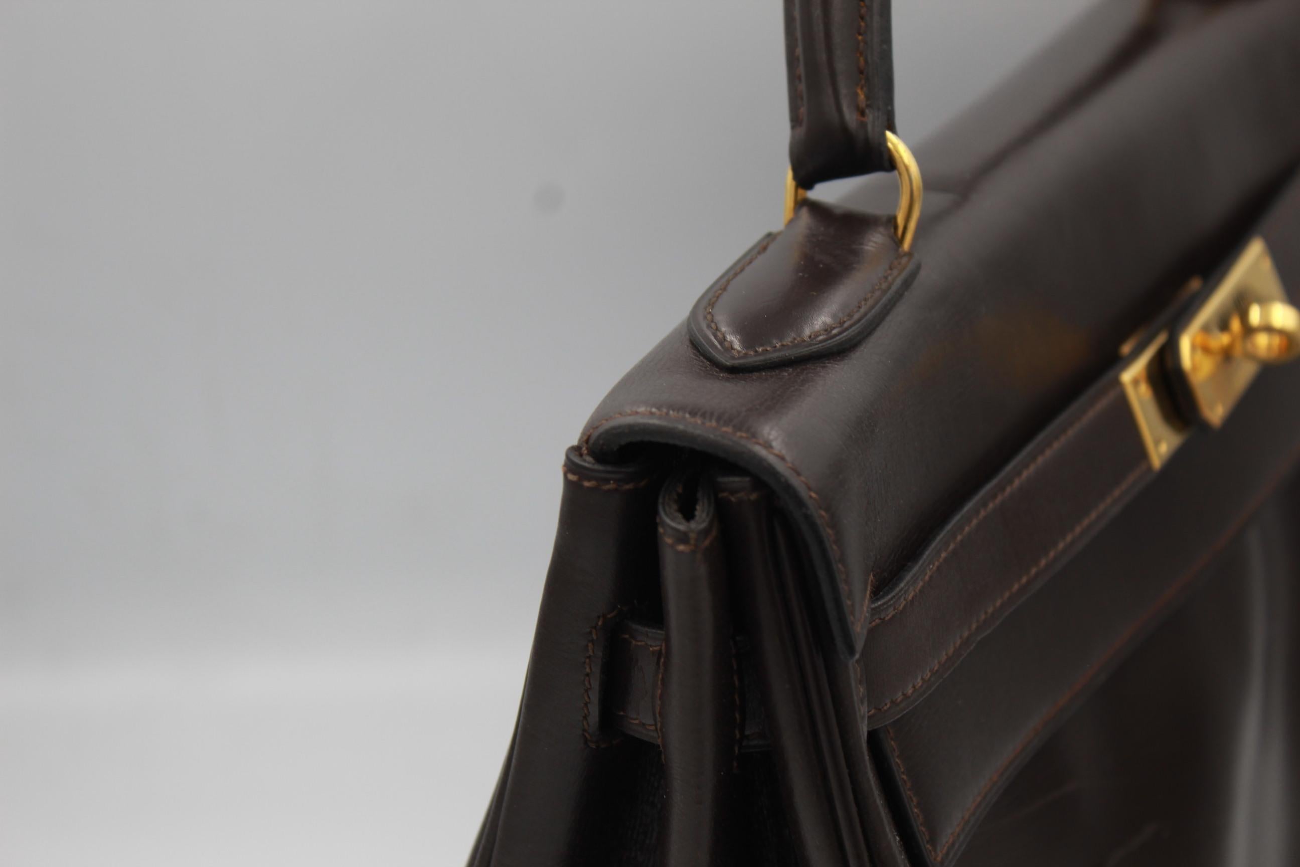 Vintage 1977 Hemes Kelly 32 Bag in Dark Brown Chocolate Box Leather 1