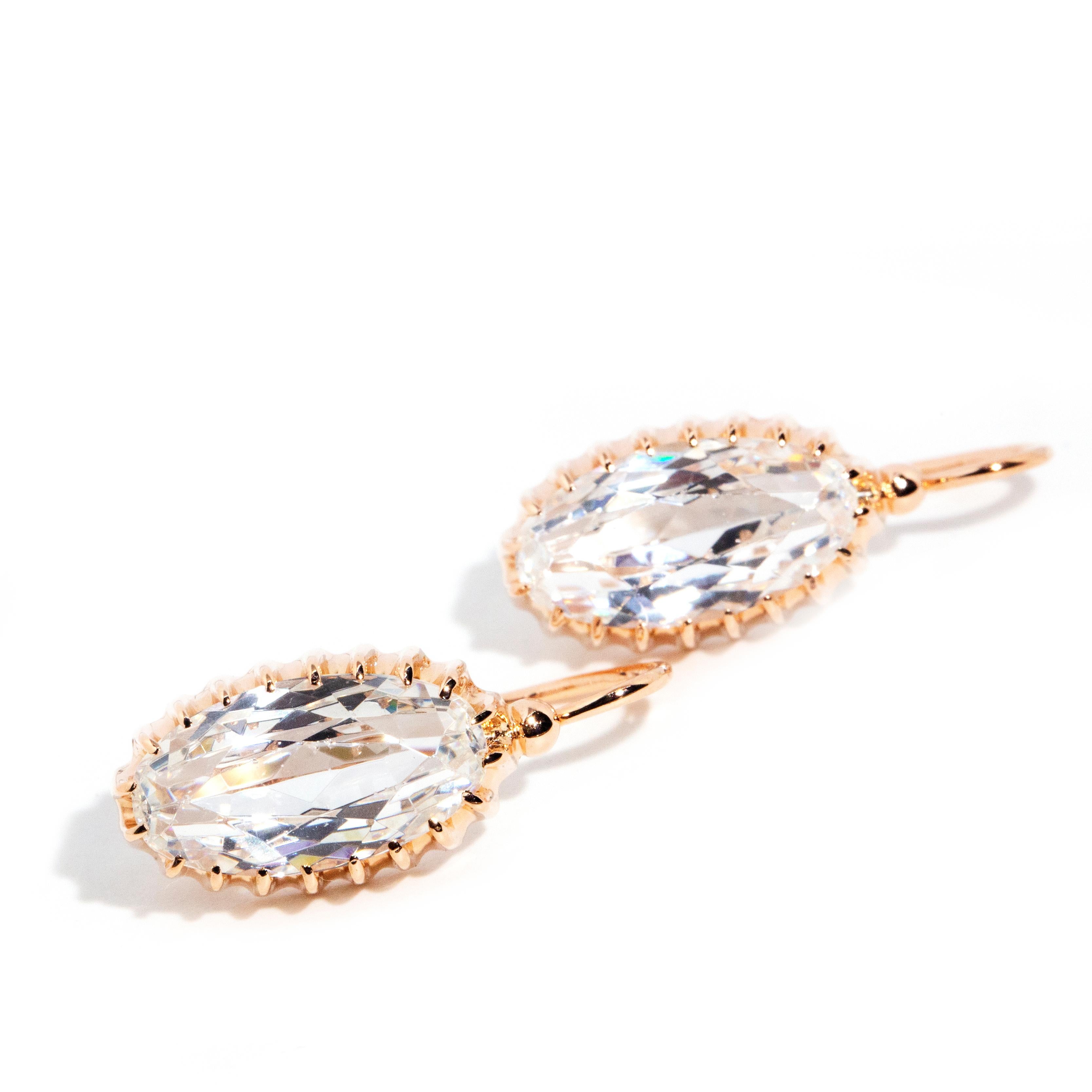 Oval Cut Vintage 1977 Russian Oval White Crystal Glass Drop Earrings 14 Carat Rose Gold