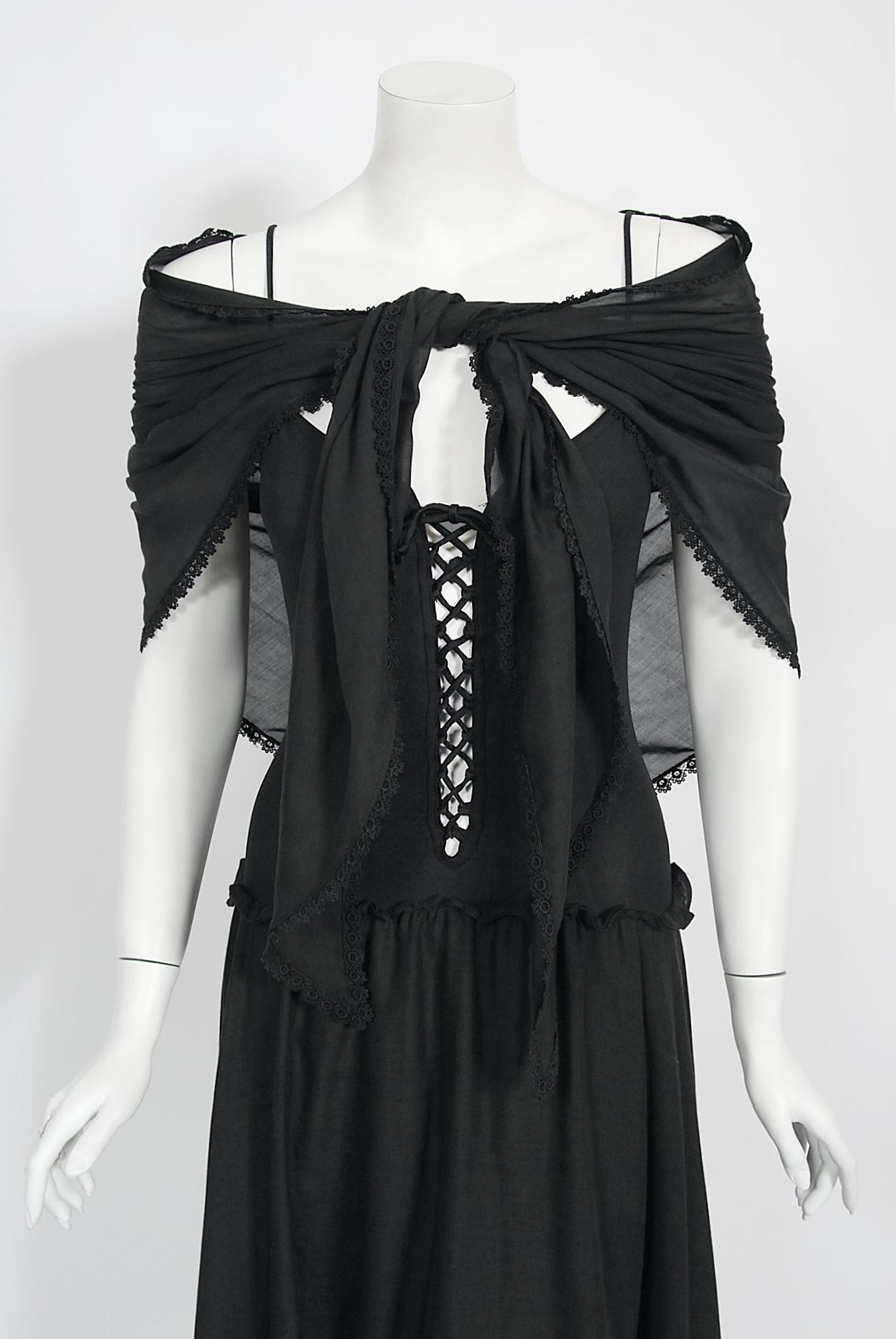 Vintage 1977 Sant Angelo Documented Black Jersey Lace-Up Bodysuit Dress & Shawl For Sale 5