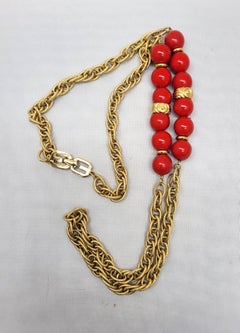 Vintage 1977 Signed Givenchy Goldtone Red Sautoir Necklace