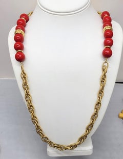 Vintage 1977 Signed Givenchy Goldtone Red Sautoir Necklace