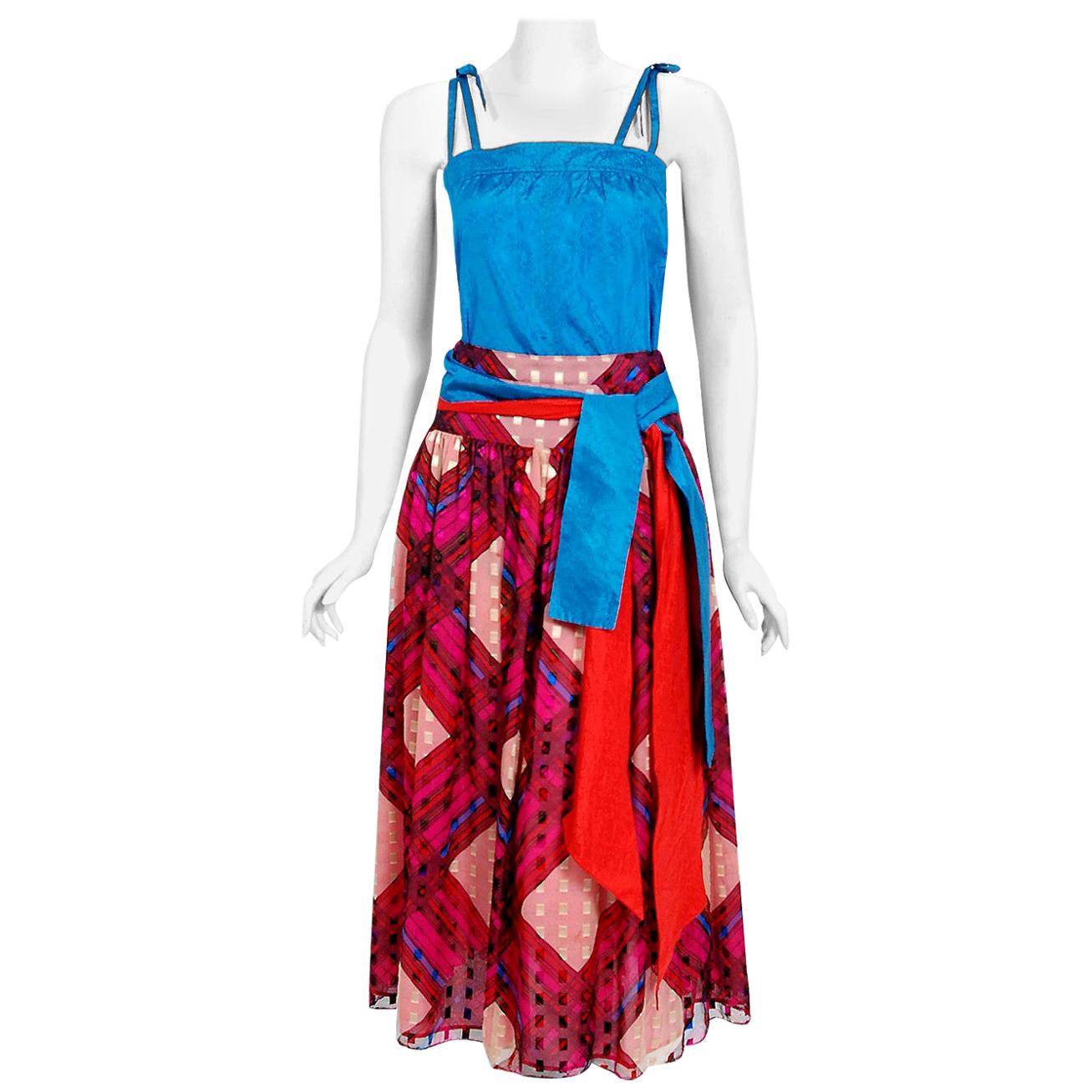 Vintage 1970s Ungaro Paris Colorful Print Silk Belted Bohemian 4-Piece Dress Set