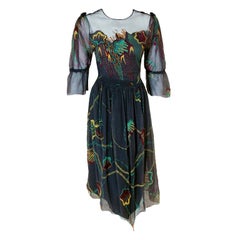 Vintage 1977 Zandra Rhodes Couture Beaded Hand-Painted Illusion Silk Dress