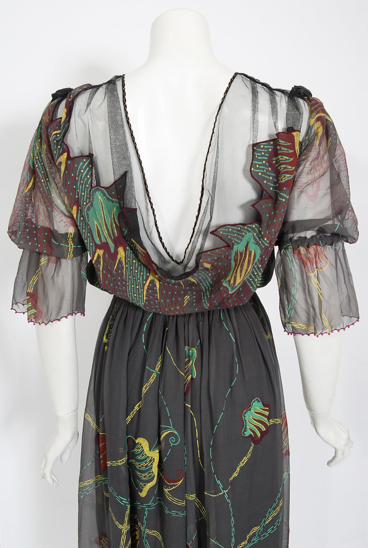 Vintage 1970's Zandra Rhodes Hand-Painted Grey Silk Puff-Sleeve Illusion Dress 3