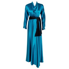 Vintage 1978 Halston Couture Teal Blue Silk Satin Long-Sleeve Belted Wrap Gown 