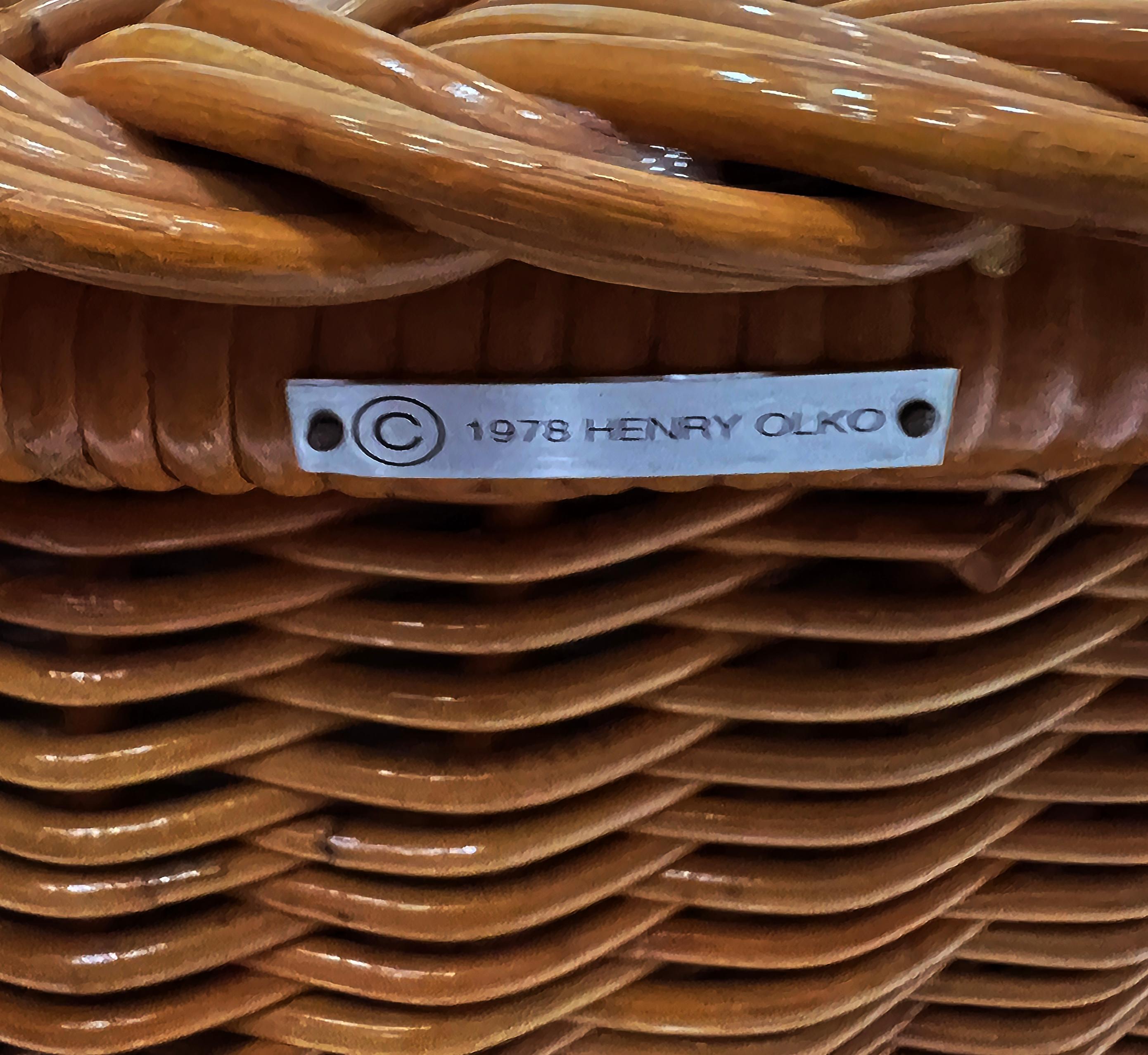 Vintage 1978 Henry Olko Woven Rattan Chair, Labeled, Recently Upholstered For Sale 7