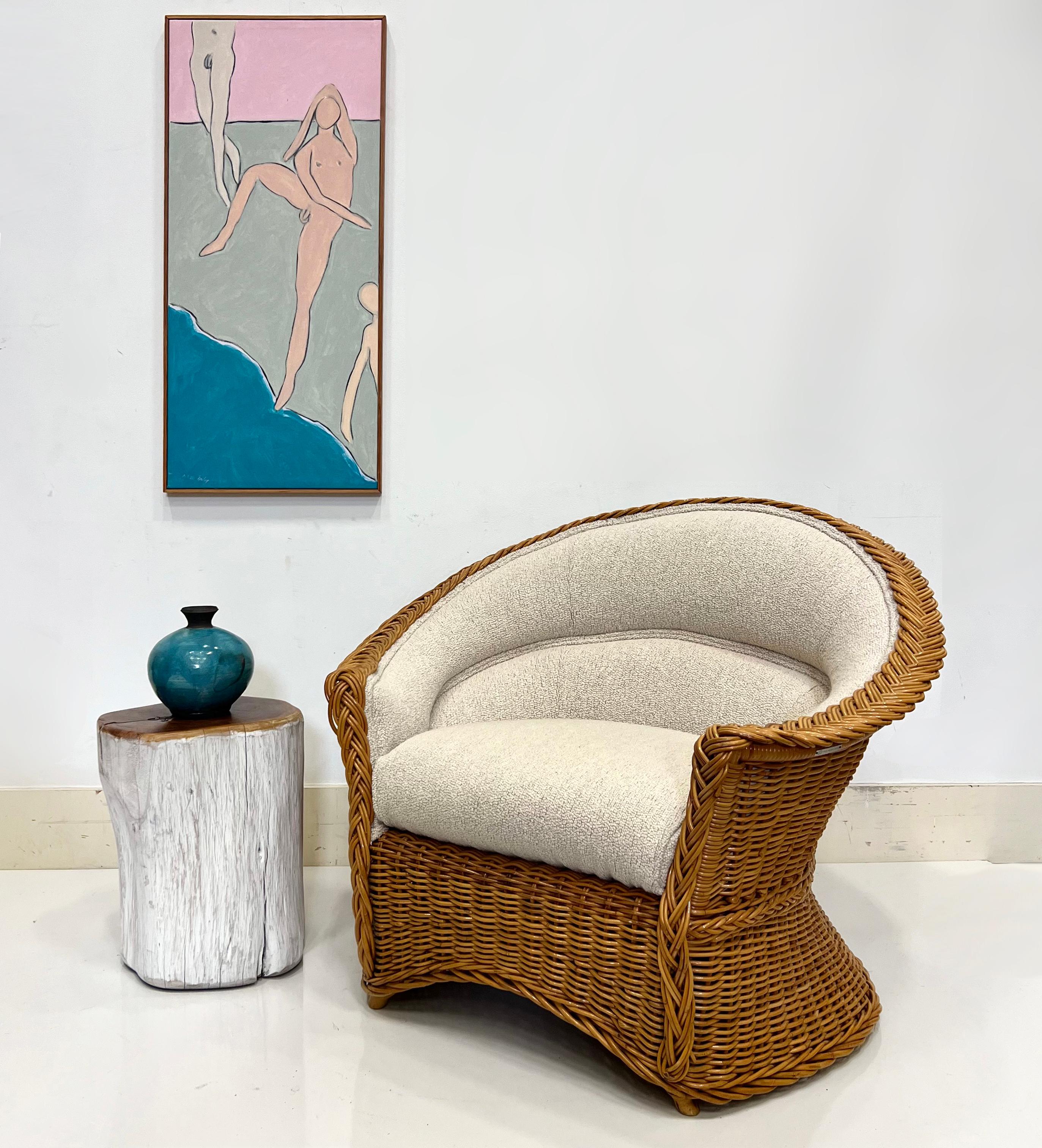 Vintage 1978 Henry Olko Woven Rattan Chair, Labeled, Recently Upholstered 

Offered for sale is a vintage 1978 Henry Olko woven rattan chair that has braided edges and retains the metal Henry Oklo tag..  The chair has recently been upholstered and