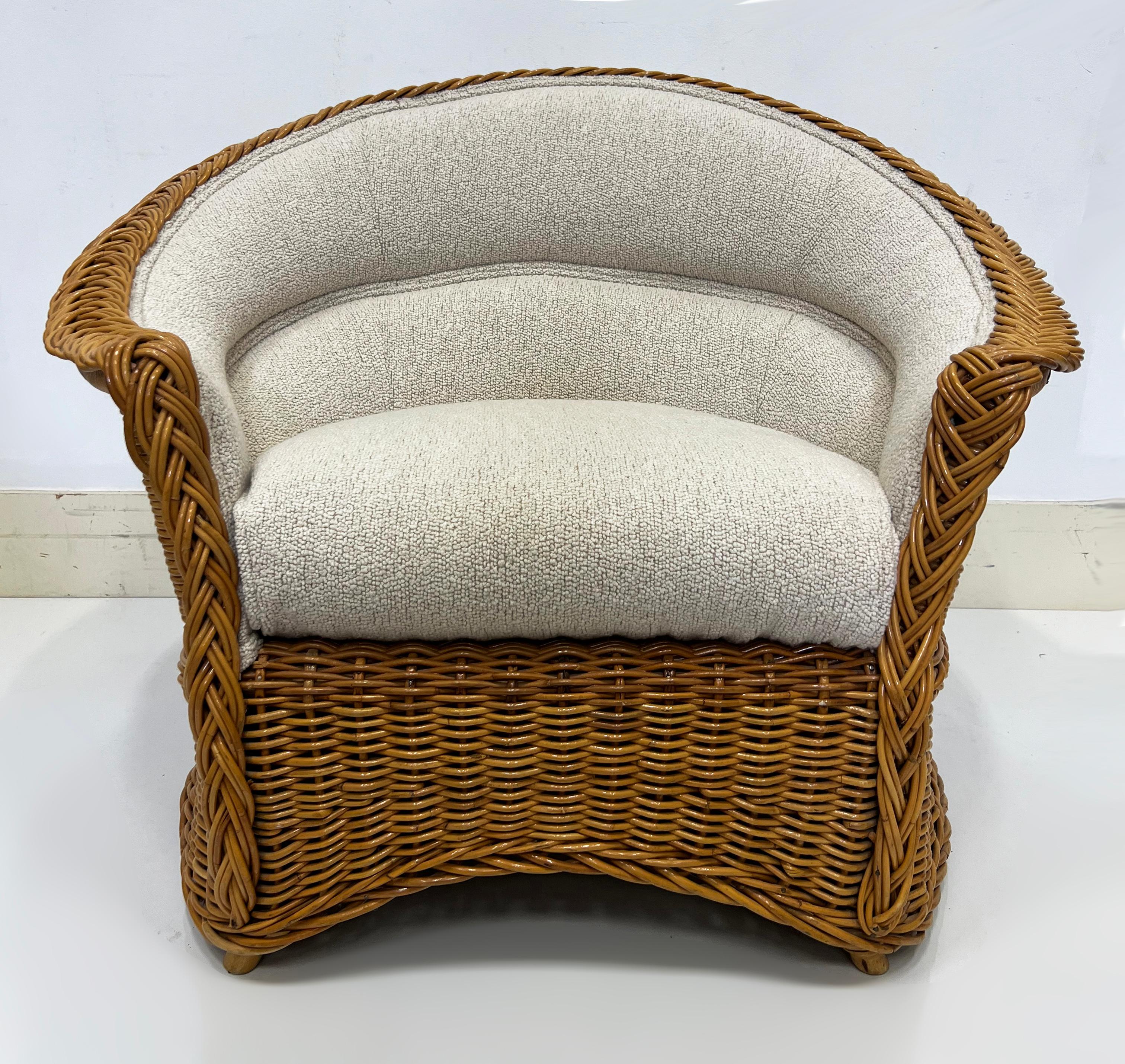 Hand-Woven Vintage 1978 Henry Olko Woven Rattan Chair, Labeled, Recently Upholstered For Sale