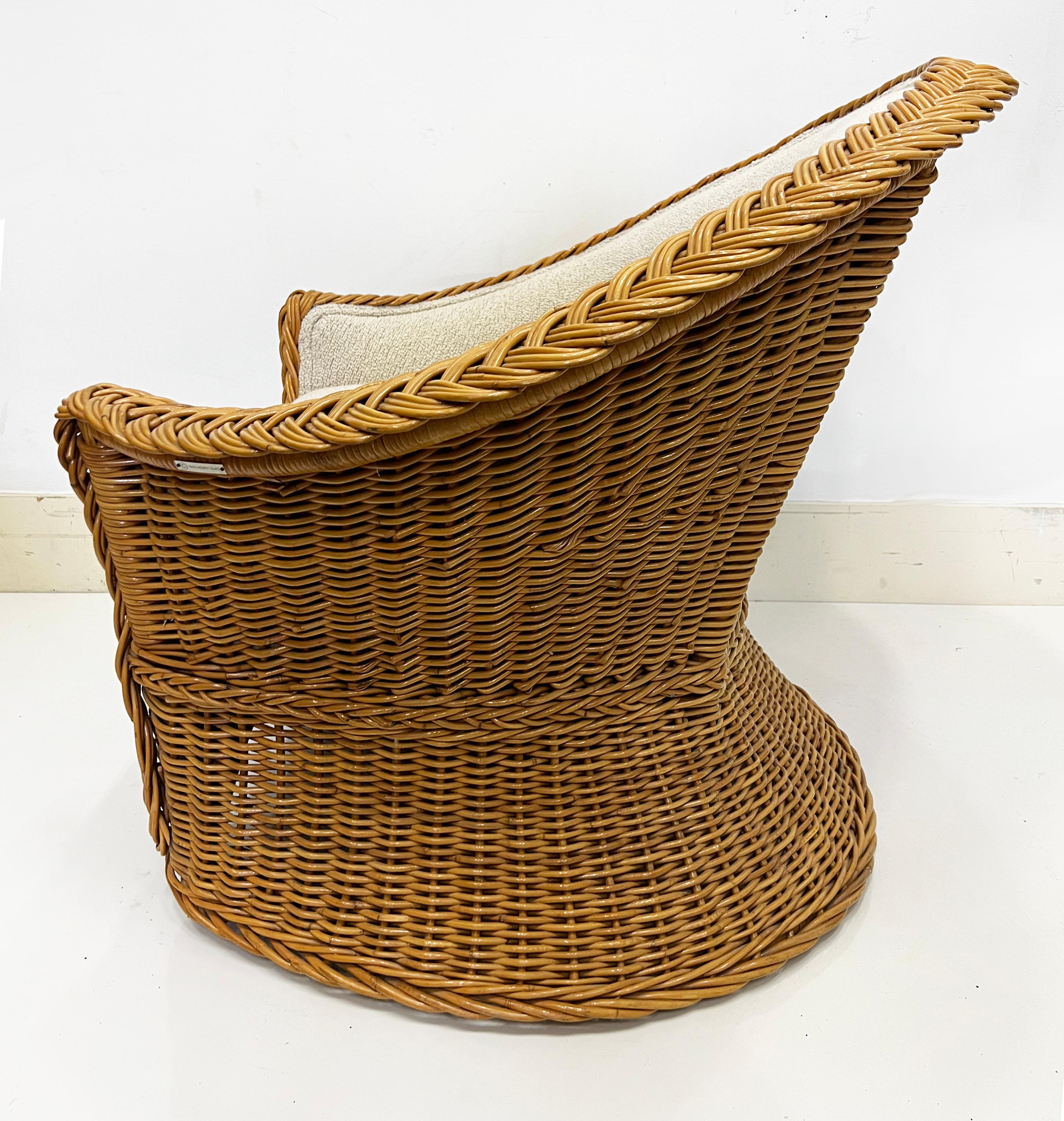 Vintage 1978 Henry Olko Woven Rattan Chair, Labeled, Recently Upholstered For Sale 1