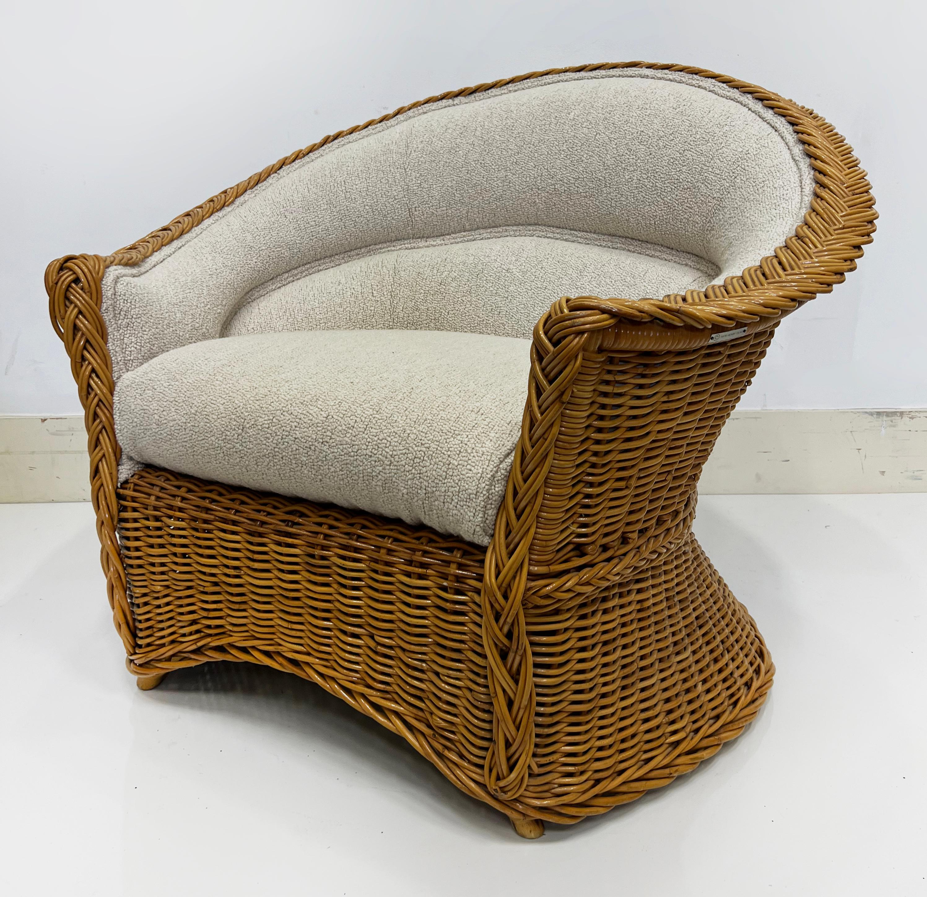 Vintage 1978 Henry Olko Woven Rattan Chair, Labeled, Recently Upholstered For Sale 2