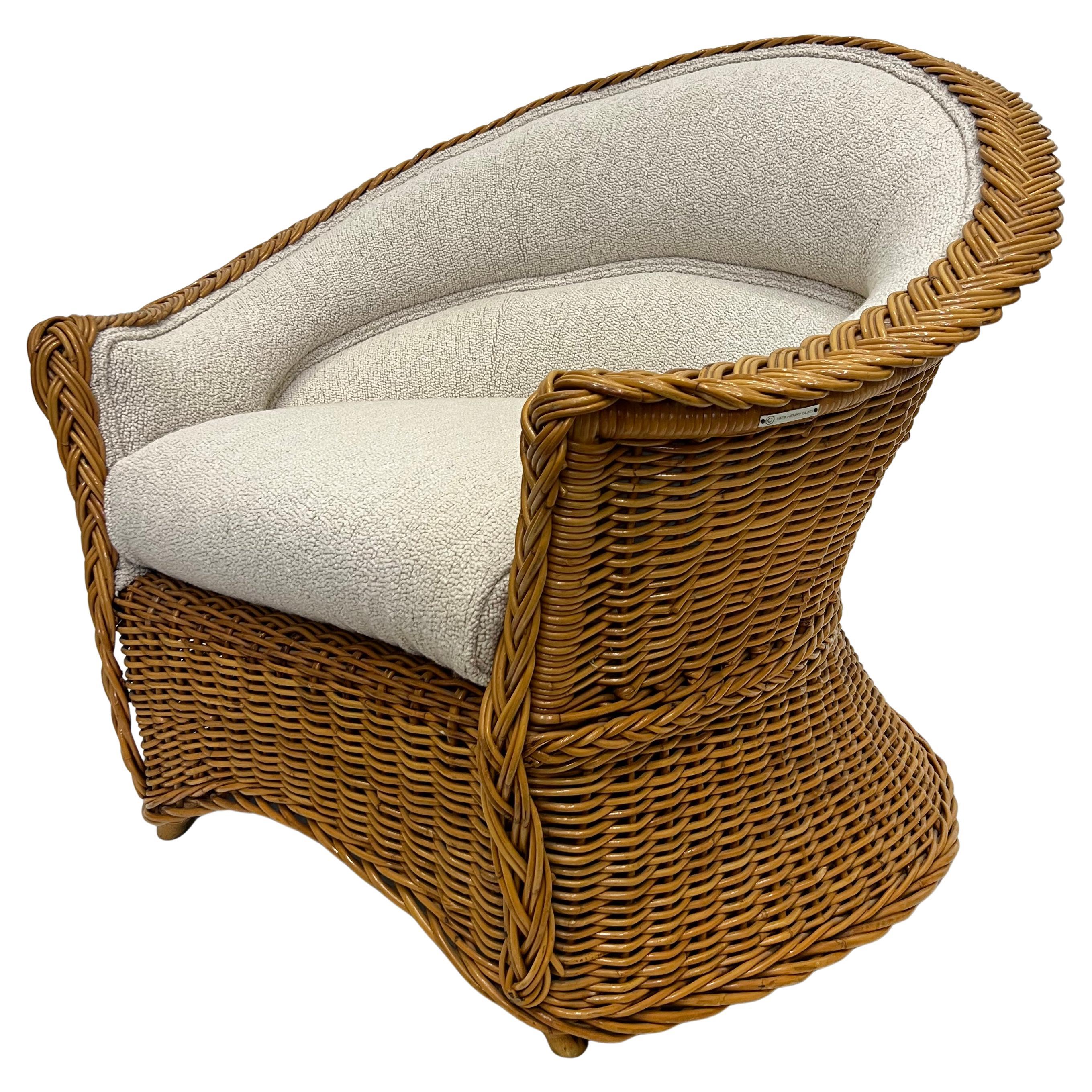Vintage 1978 Henry Olko Woven Rattan Chair, Labeled, Recently Upholstered For Sale