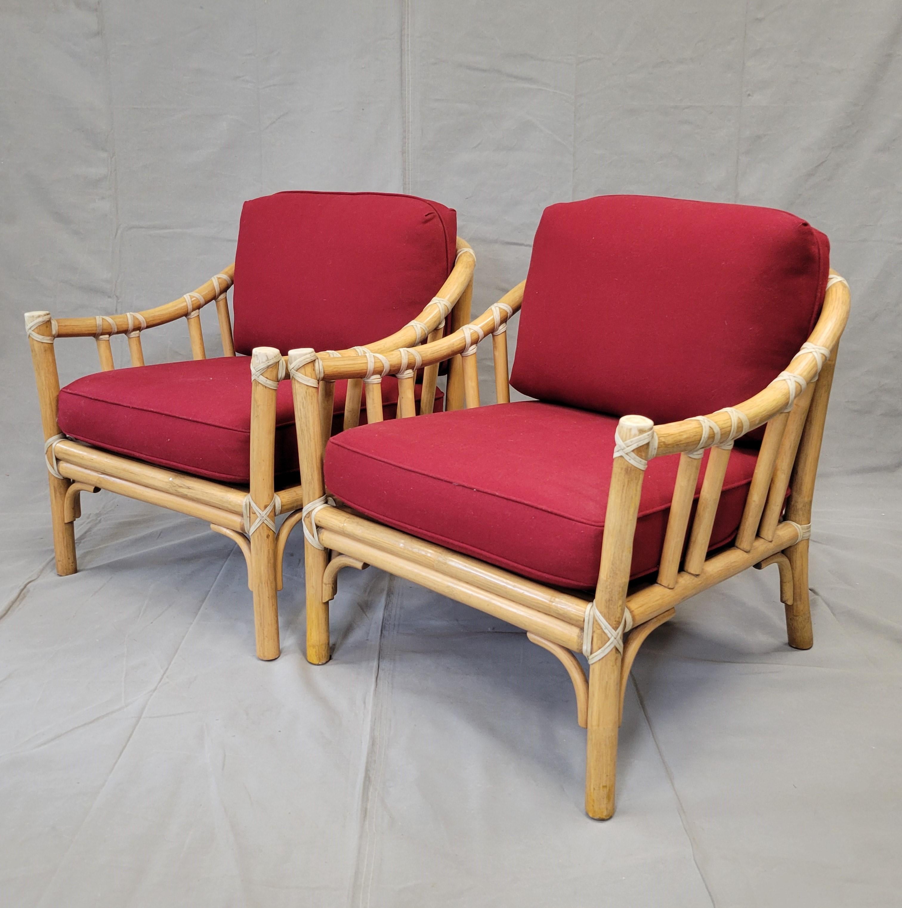 Mid-Century Modern Vintage 1978 McGuire Bamboo Lounge Chairs With Two Sets of Cushions - a Pair For Sale