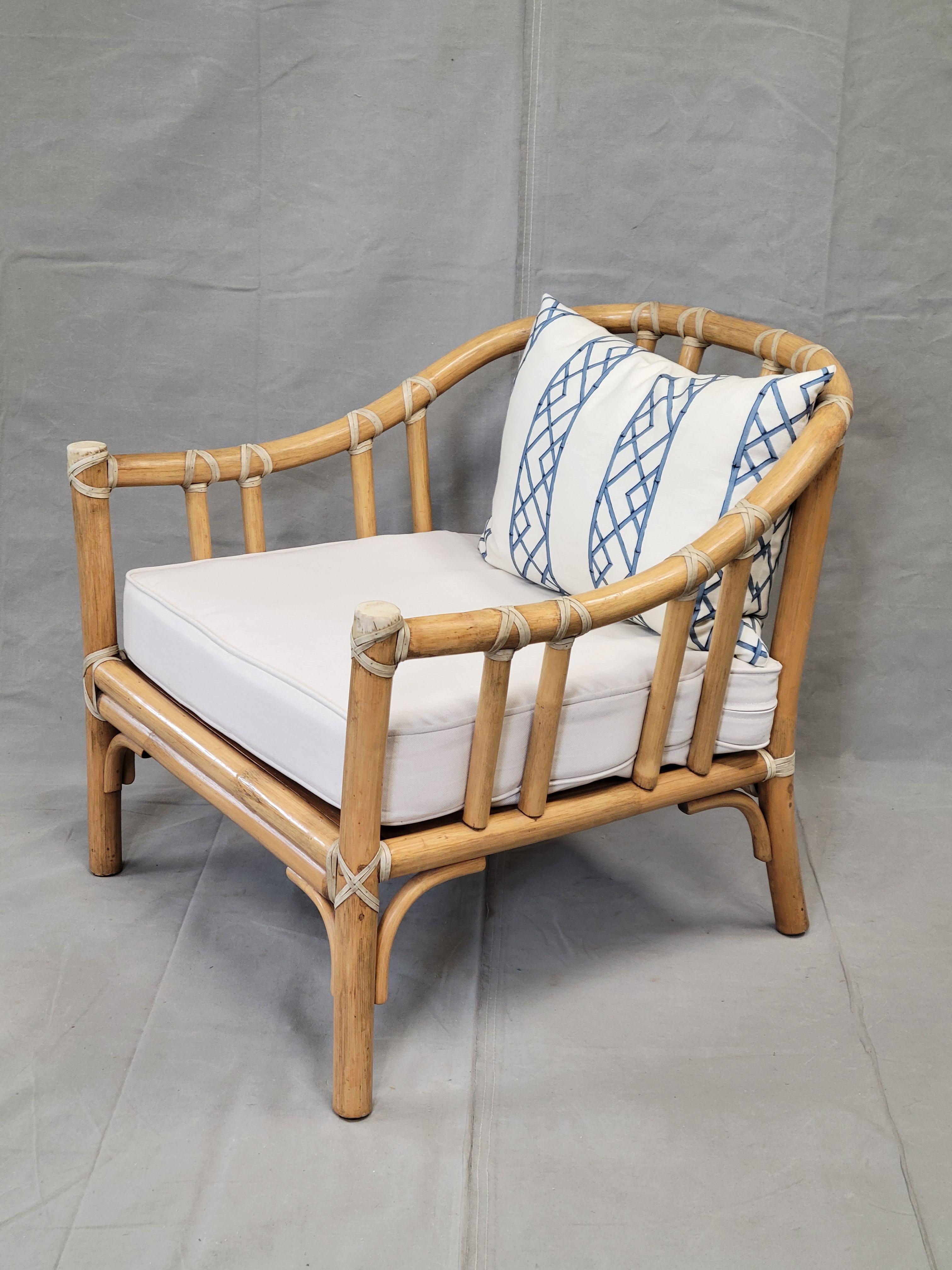 American Vintage 1978 McGuire Bamboo Lounge Chairs With Two Sets of Cushions - a Pair