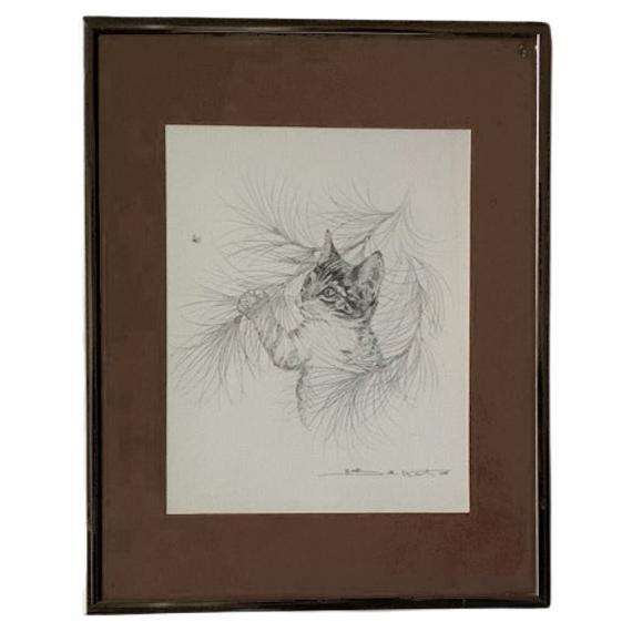 Vintage (1978) Pencil Sketch Art of Cat, 11 X 14 Framed , signed