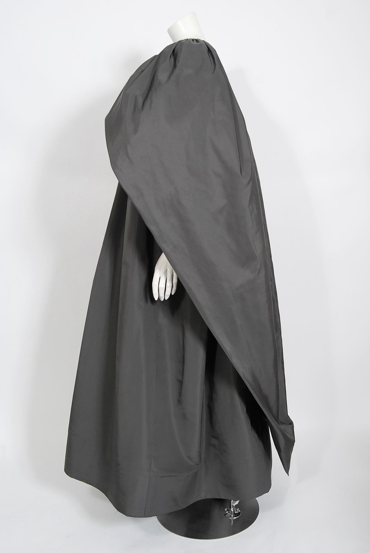 Vintage 1978 Pierre Cardin Haute Couture Charcoal Silk Voluminous Gown & Cape 1