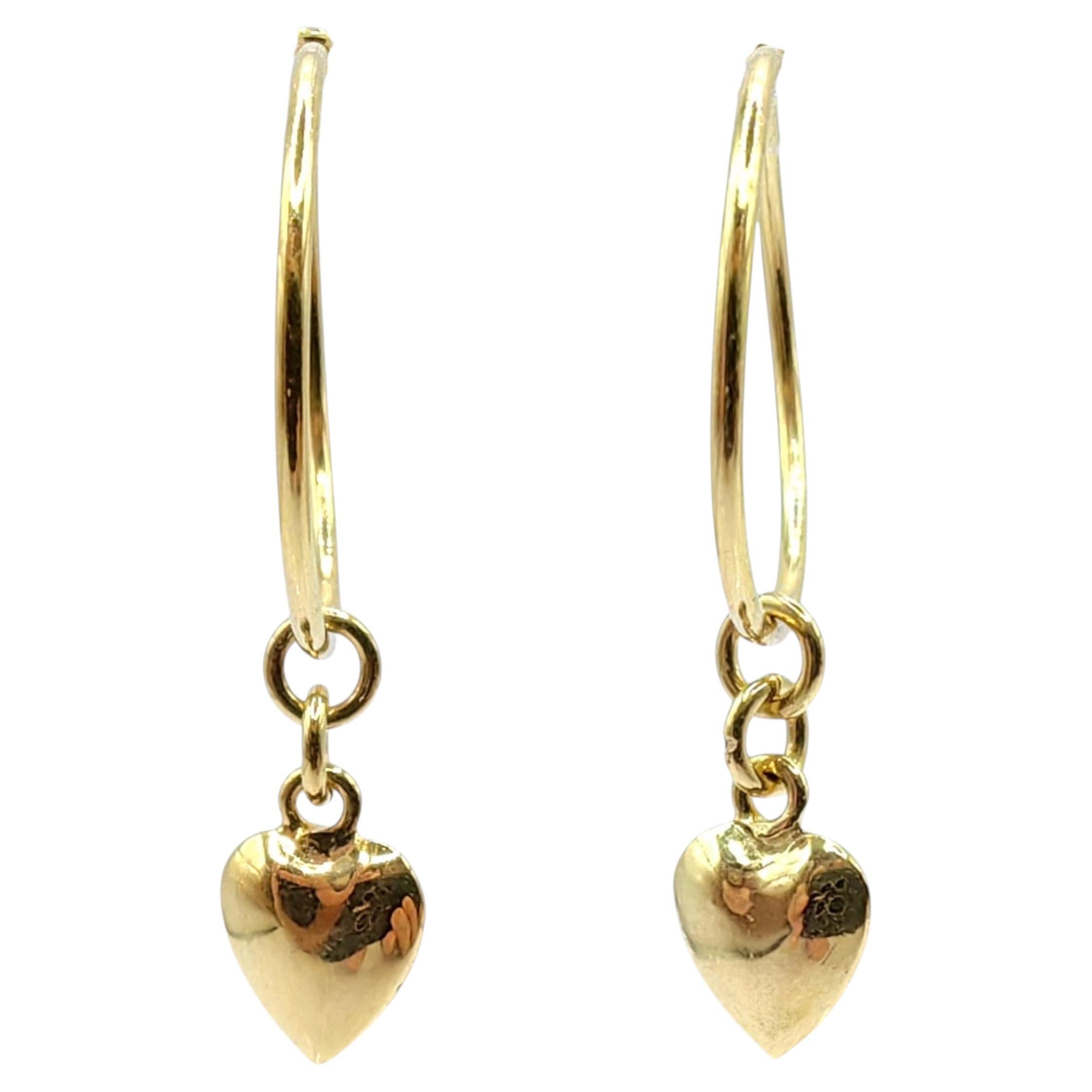 Vintage 1978 Puffy Heart Charm Hoop Earrings in 14K Yellow Gold