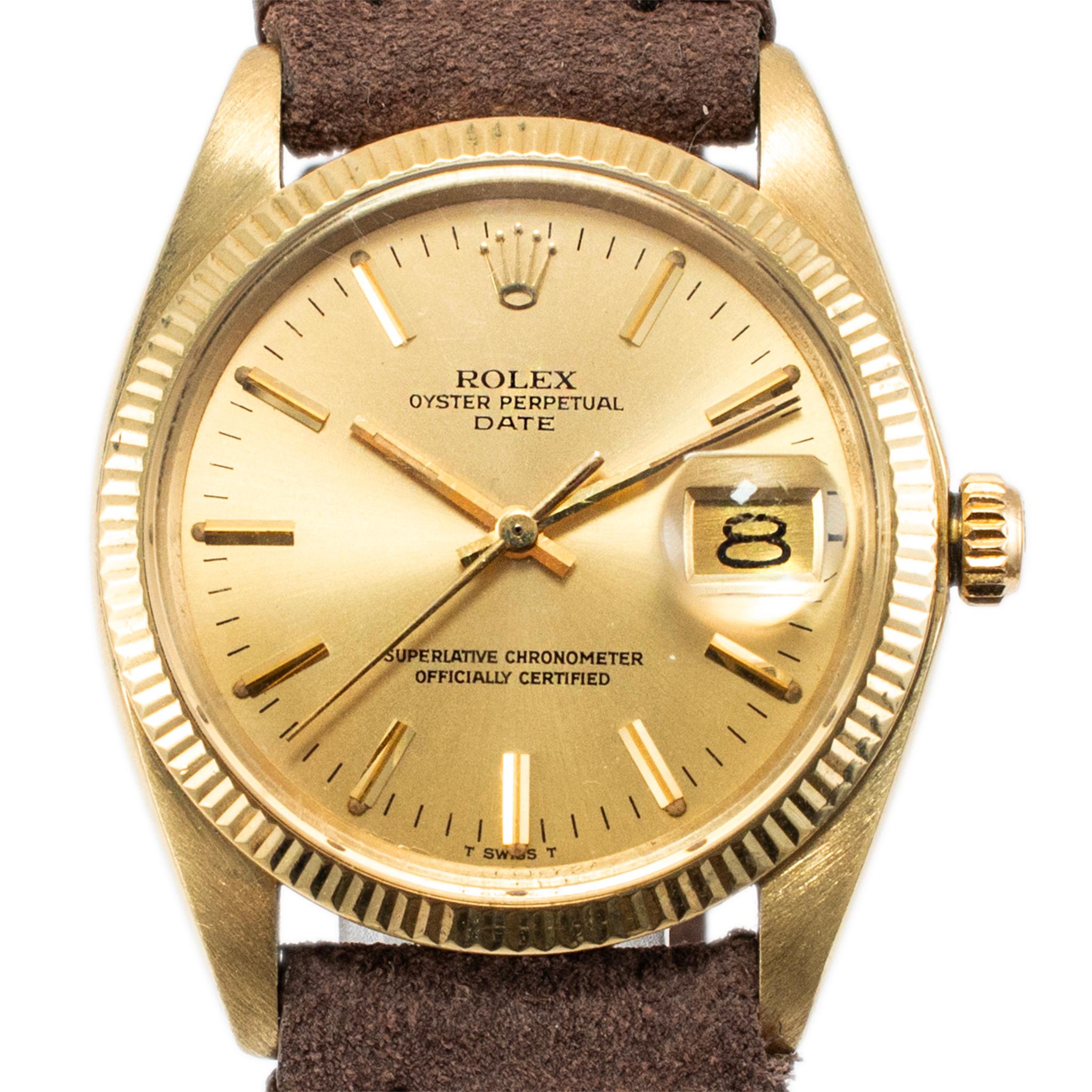Brand: Rolex

Gender: Unisex

Metal Type: 14K Yellow Gold

Diameter: 34.00 mm

Weight: 57.31 grams

One 14K Yellow Gold ROLEX Swiss made with original papers. The metal was tested and determined to be 14K yellow gold. Engraved with 