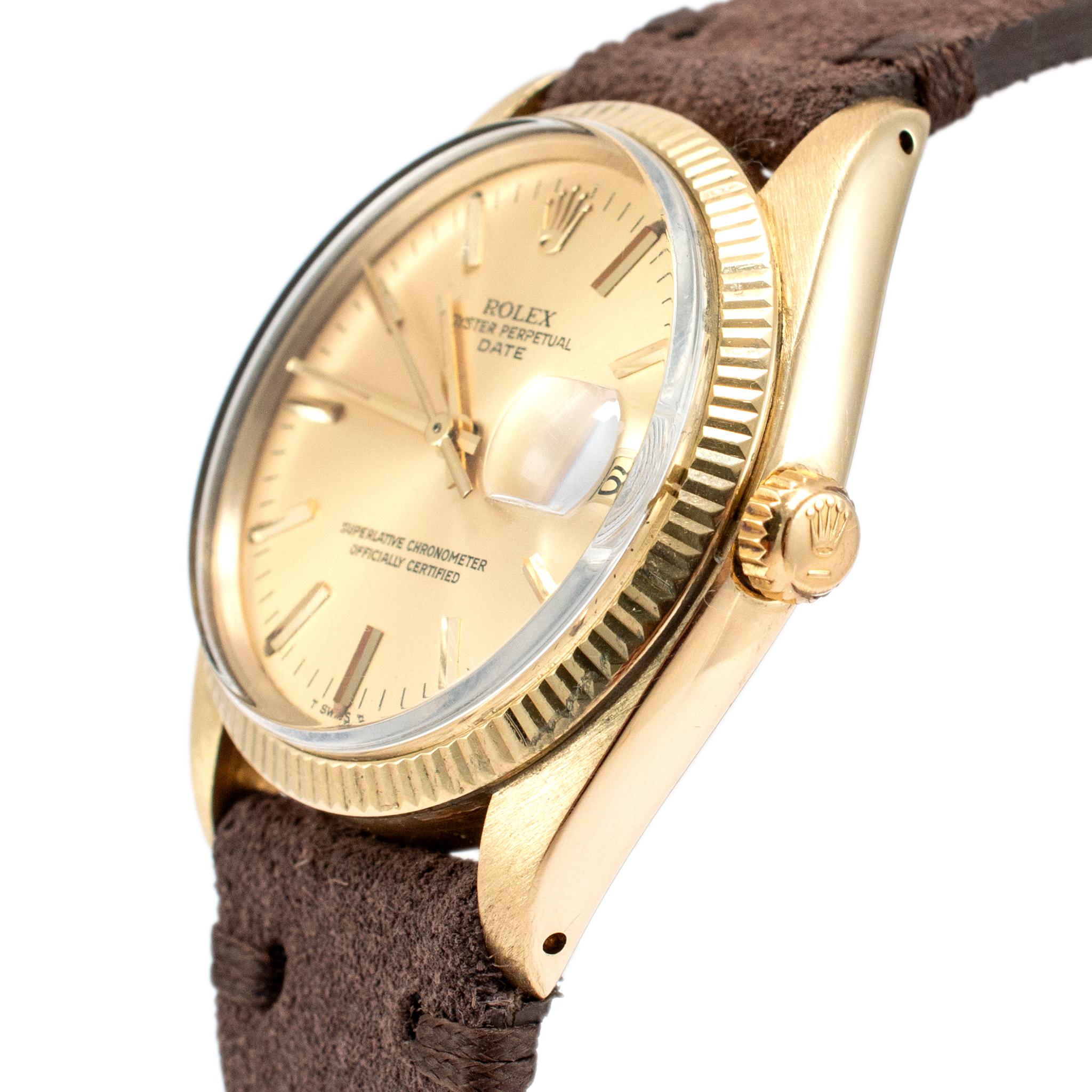 Vintage 1978 Rolex Date 34MM 1503 14K Yellow Gold Leather Strap Watch In Excellent Condition In Houston, TX