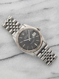 Vintage 1978 Rolex Datejust 1601 18K WG Bezel Grey Stick Dial 36mm