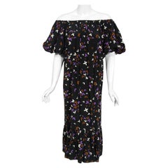 Vintage 1978 Yves Saint Laurent Documented Butterfly Print Off-Shoulder Dress
