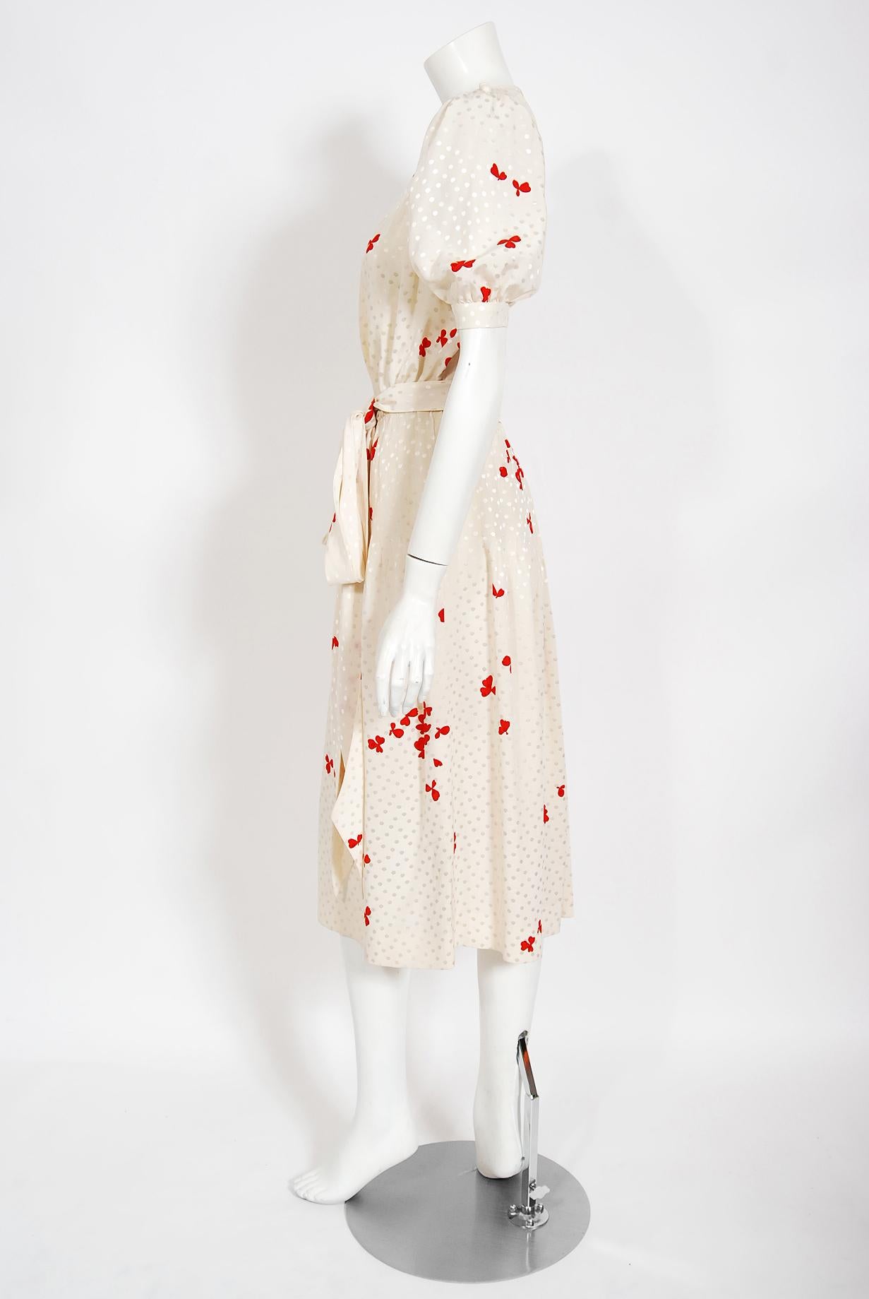 Vintage 1978 Yves Saint Laurent Haute Couture Ivory Red Print Silk Dress & Shawl For Sale 5