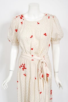 Vintage 1978 Yves Saint Laurent Haute Couture Ivory Red Print Silk Dress & Shawl