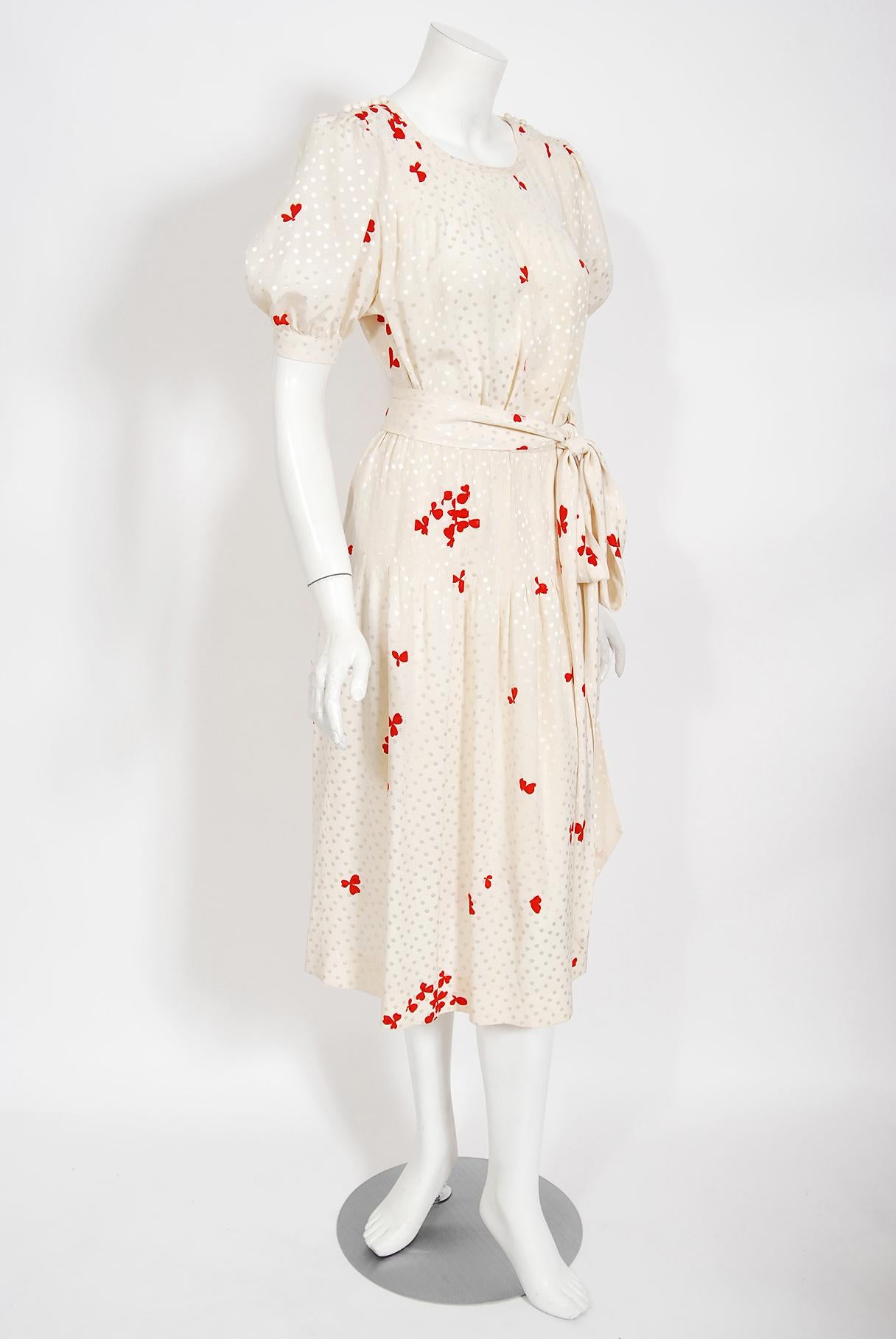White Vintage 1978 Yves Saint Laurent Haute Couture Ivory Red Print Silk Dress & Shawl For Sale