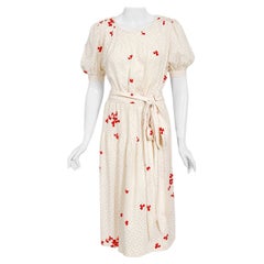 Vintage 1978 Yves Saint Laurent Haute Couture Ivory Red Print Silk Dress & Shawl