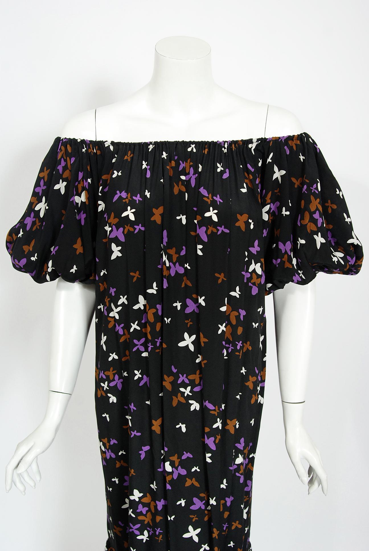 Gorgeous Yves Saint Laurent documented butterfly print rayon dress from the infamous Rive Gauche 1978 spring summer collection. Pieces from this decade are very rare and are true examples of fashion history. I adore the optional off-shoulder
