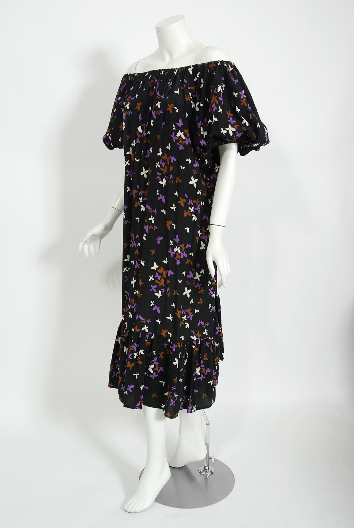 Vintage 1978 Yves Saint Laurent Documented Butterfly Print Off-Shoulder Dress In Good Condition In Beverly Hills, CA