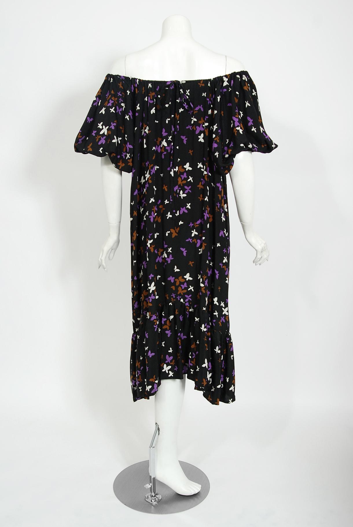 Vintage 1978 Yves Saint Laurent Documented Butterfly Print Off-Shoulder Dress 4