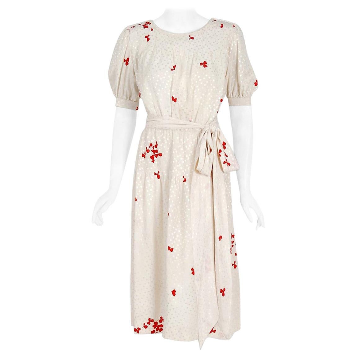 Vintage 1978 Yves Saint Laurent YSL Haute Couture Ivory Print Silk Dress 
Shawl For Sale