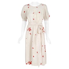 Vintage 1978 Yves Saint Laurent YSL Haute Couture Ivory Print Silk Dress & Shawl