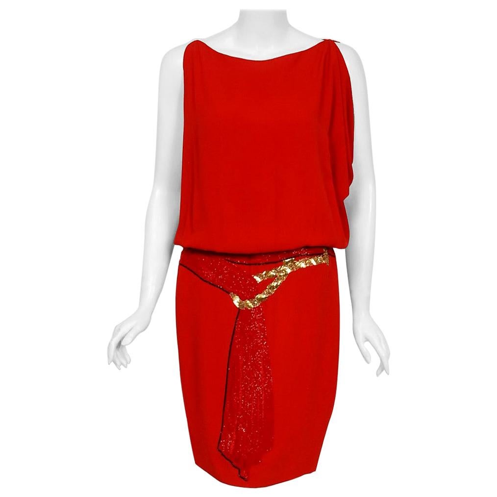 Vintage 1979 Bill Blass Red Crepe Beaded Metallic Trompe L'oeil Draped Dress 