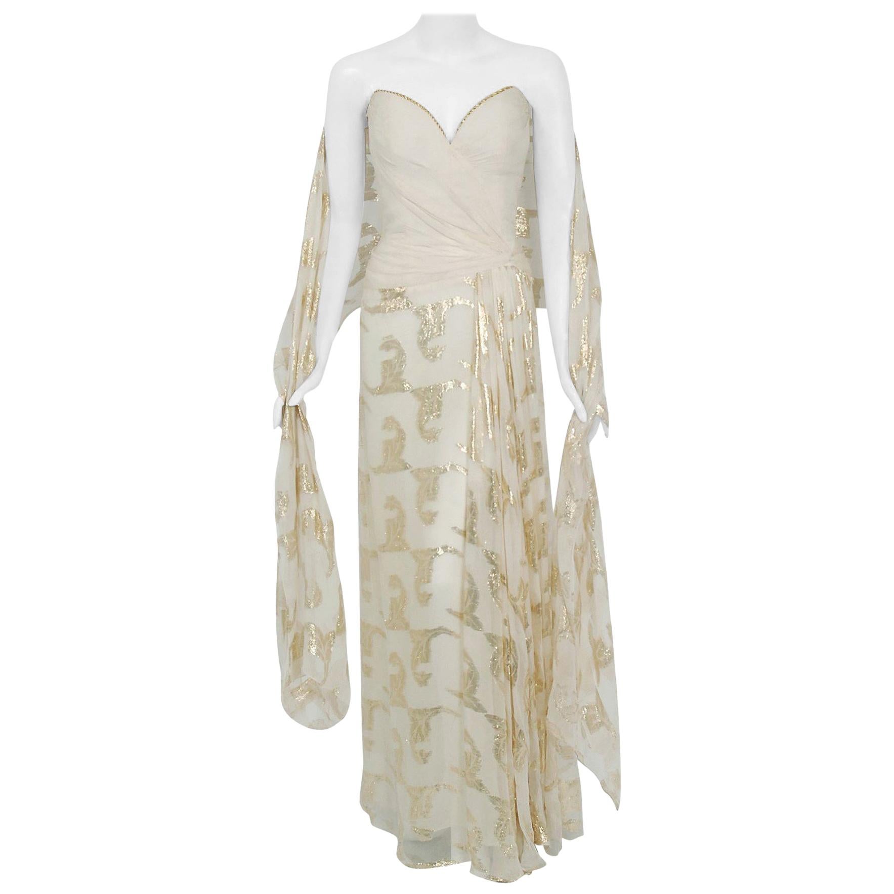 Vintage 1979 Bob Mackie Couture Metallic Ivory Gold Sari-Silk Strapless Gown