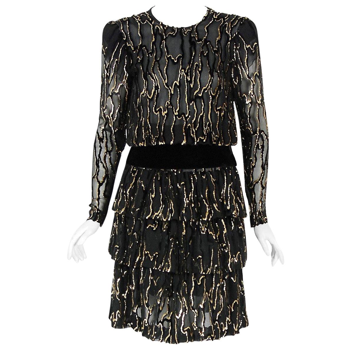 Vintage 1979 Givenchy Haute-Couture Metallic Gold & Black Burnout Velvet Dress 
