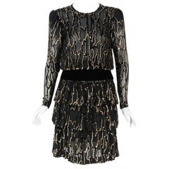 Retro 1979 Givenchy Haute-Couture Metallic Gold & Black Burnout Velvet Dress 