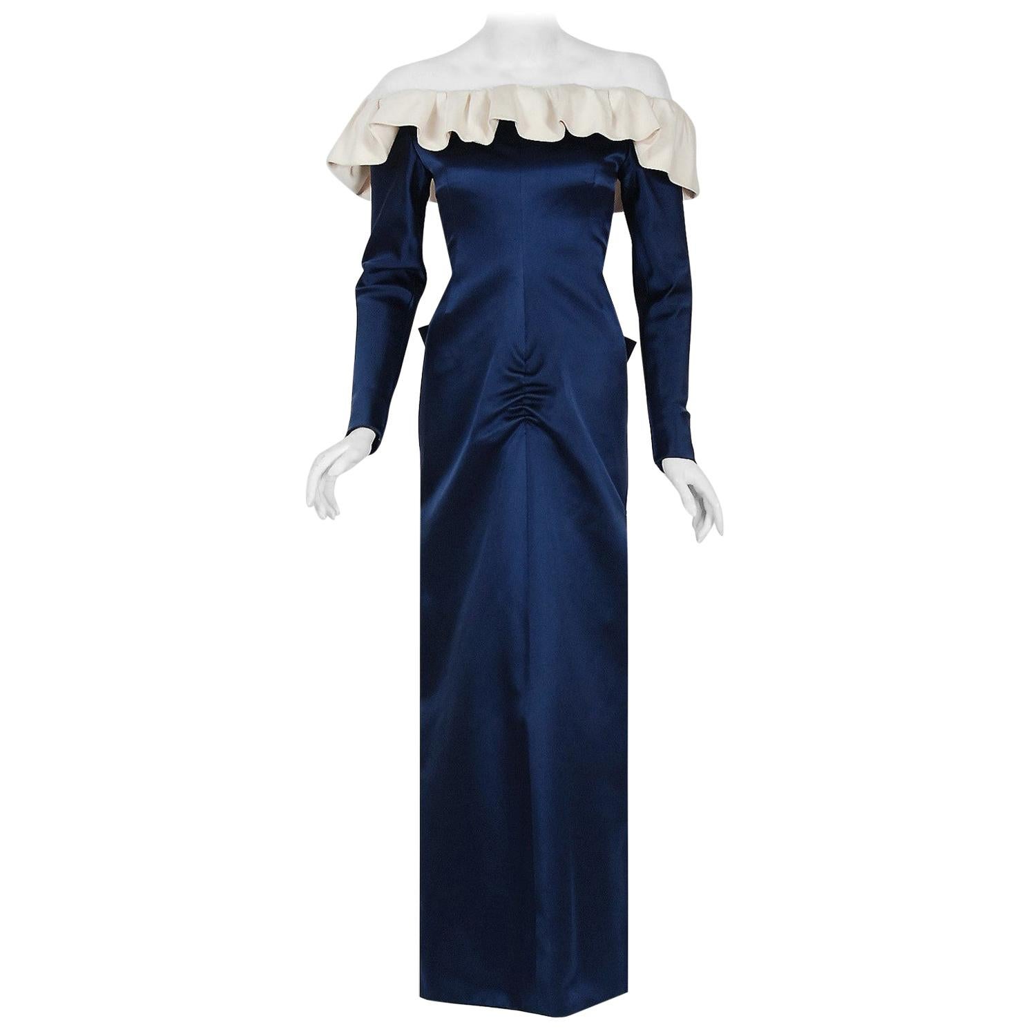 Vintage 1979 Givenchy Haute Couture Navy & Ivory Silk Off-Shoulder Ruffle Gown For Sale