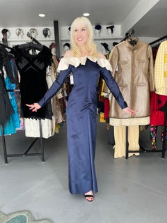 Vintage 1979 Givenchy Haute Couture Navy & Ivory Silk Off-Shoulder Ruffle Gown