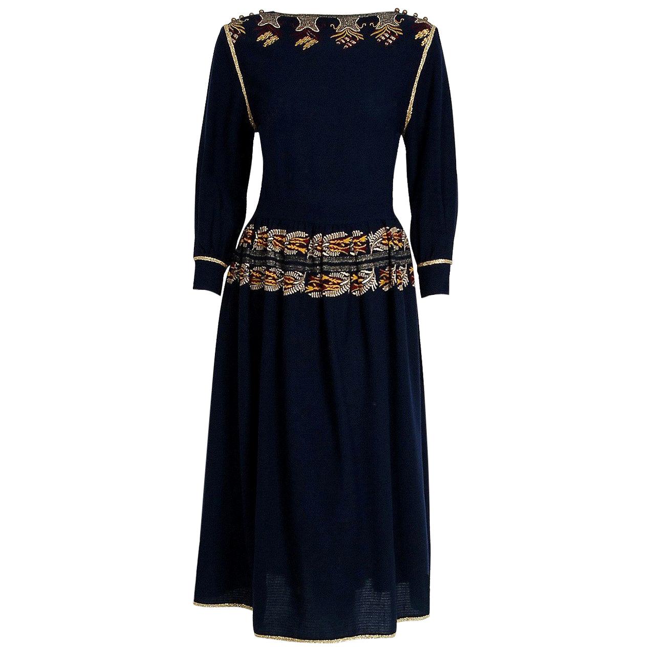 Vintage 1979 Karl Lagerfeld for Chloe Documented Navy Embroidered Knit Dress 