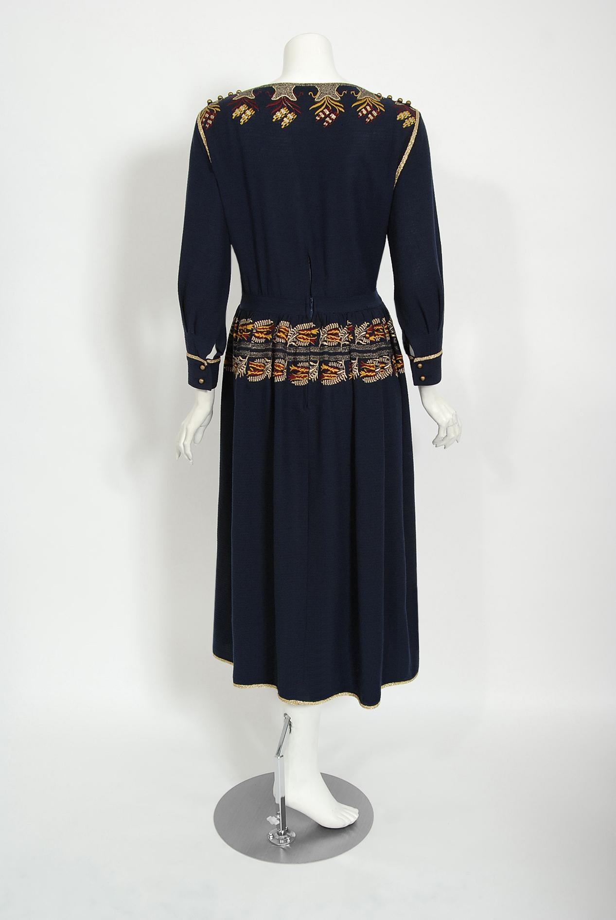 Vintage 1979 Karl Lagerfeld for Chloe Navy Blue Metallic Embroidered Knit Dress 6
