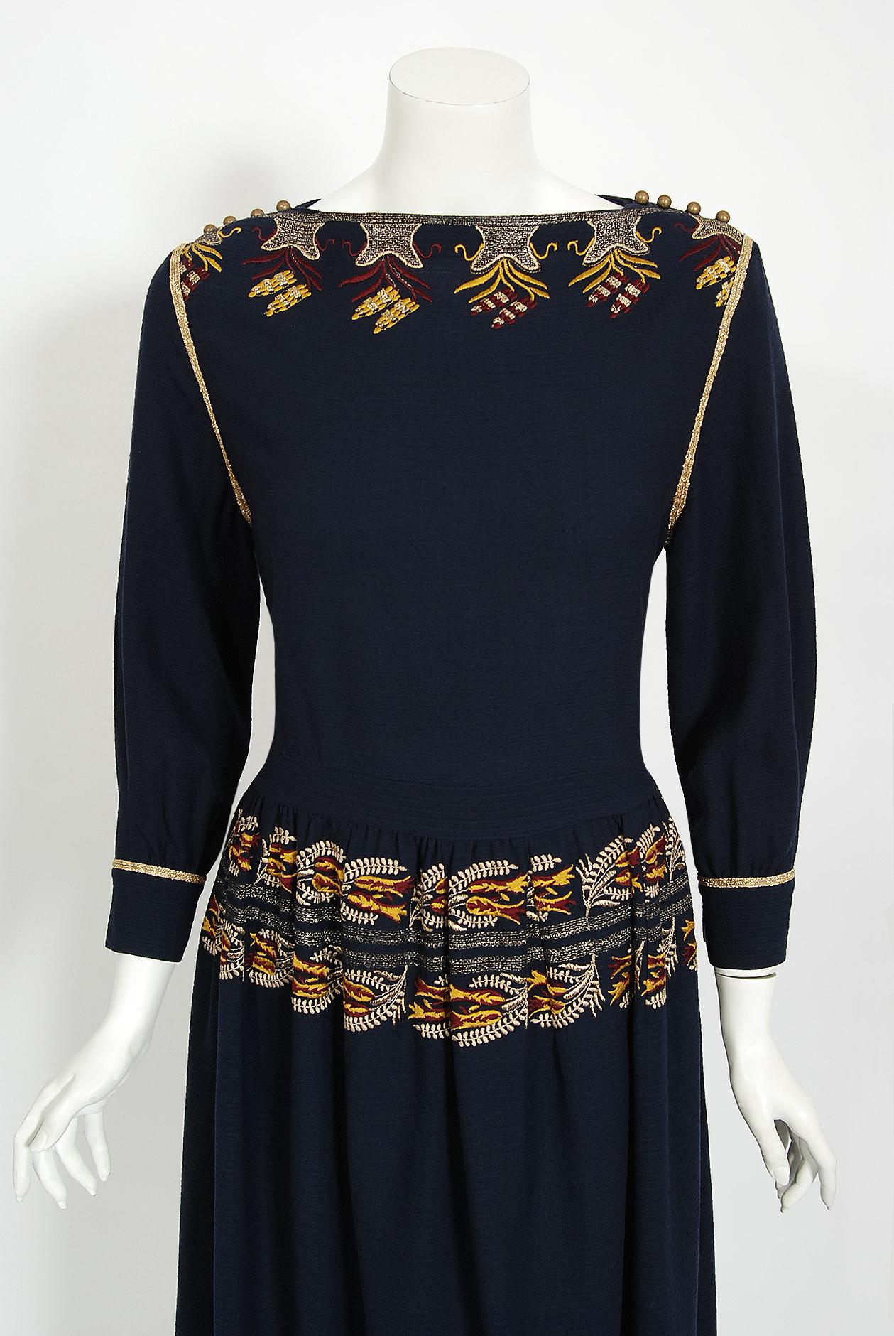 Black Vintage 1979 Karl Lagerfeld for Chloe Navy Blue Metallic Embroidered Knit Dress