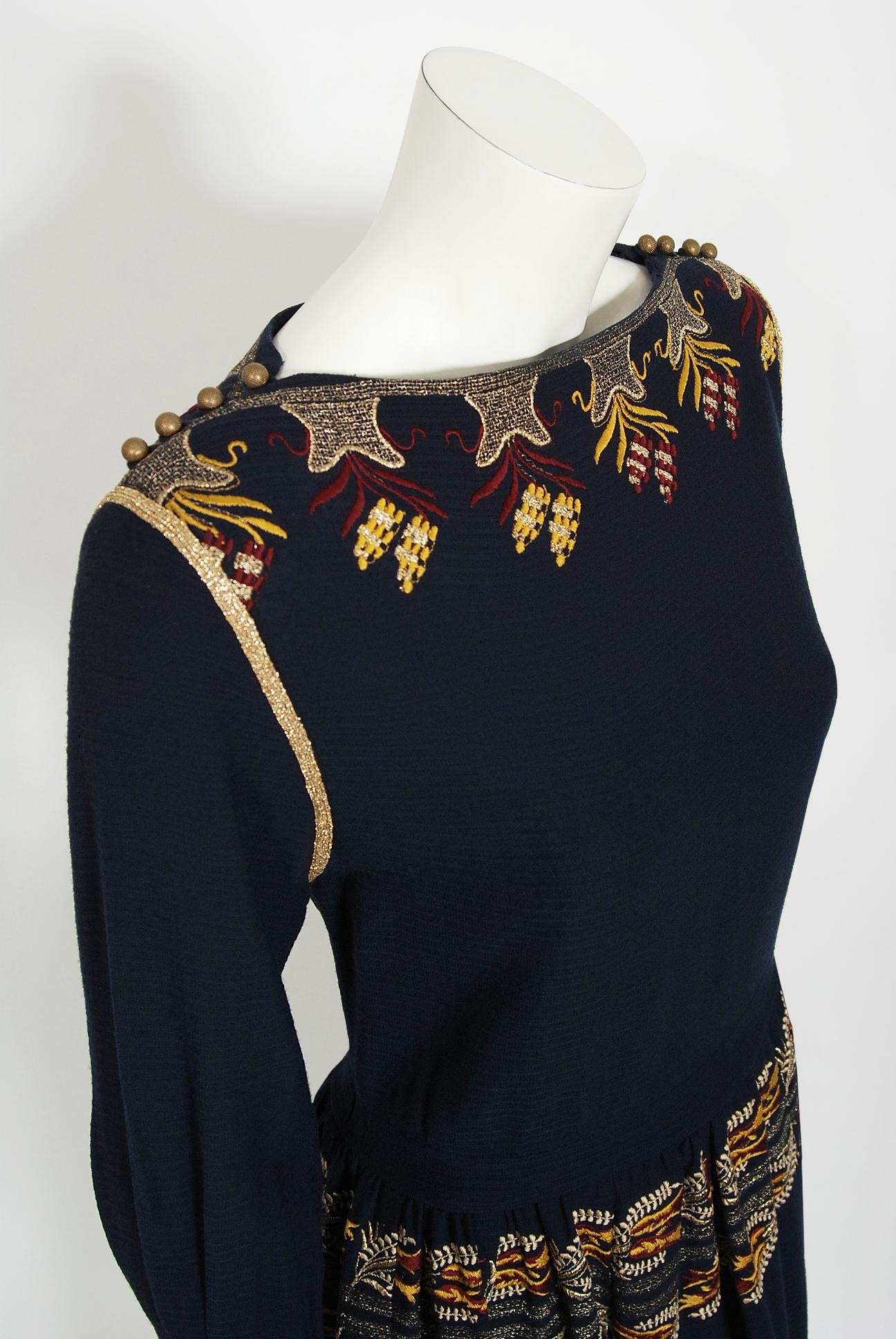 Vintage 1979 Karl Lagerfeld for Chloe Navy Blue Metallic Embroidered Knit Dress In Good Condition In Beverly Hills, CA