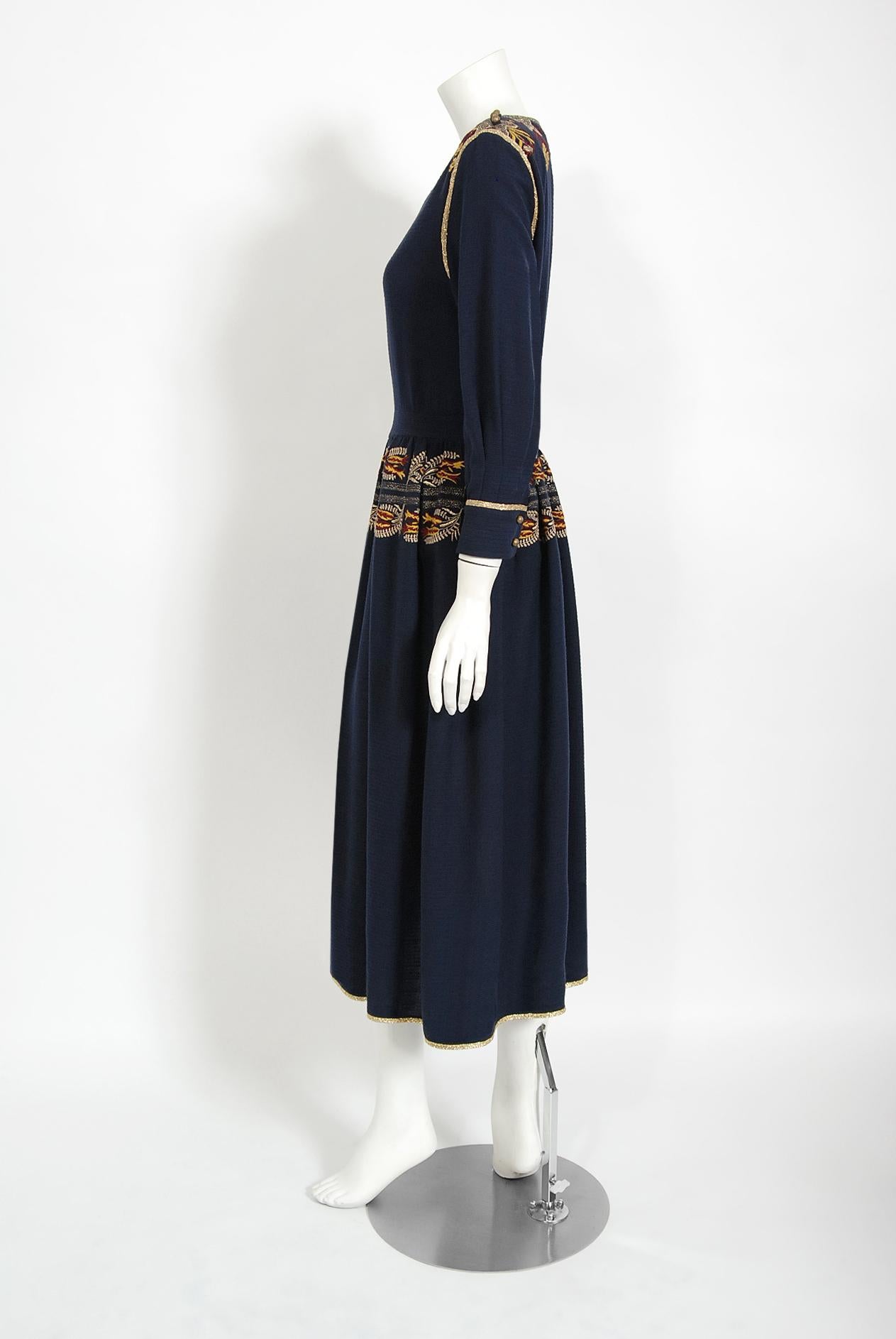 Vintage 1979 Karl Lagerfeld for Chloe Navy Blue Metallic Embroidered Knit Dress 2