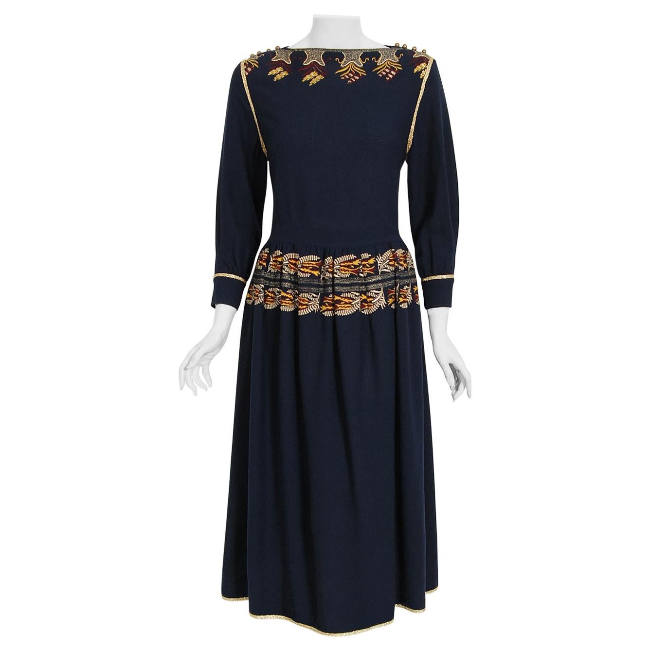Vintage 1979 Karl Lagerfeld for Chloe Navy Blue Metallic Embroidered Knit Dress
